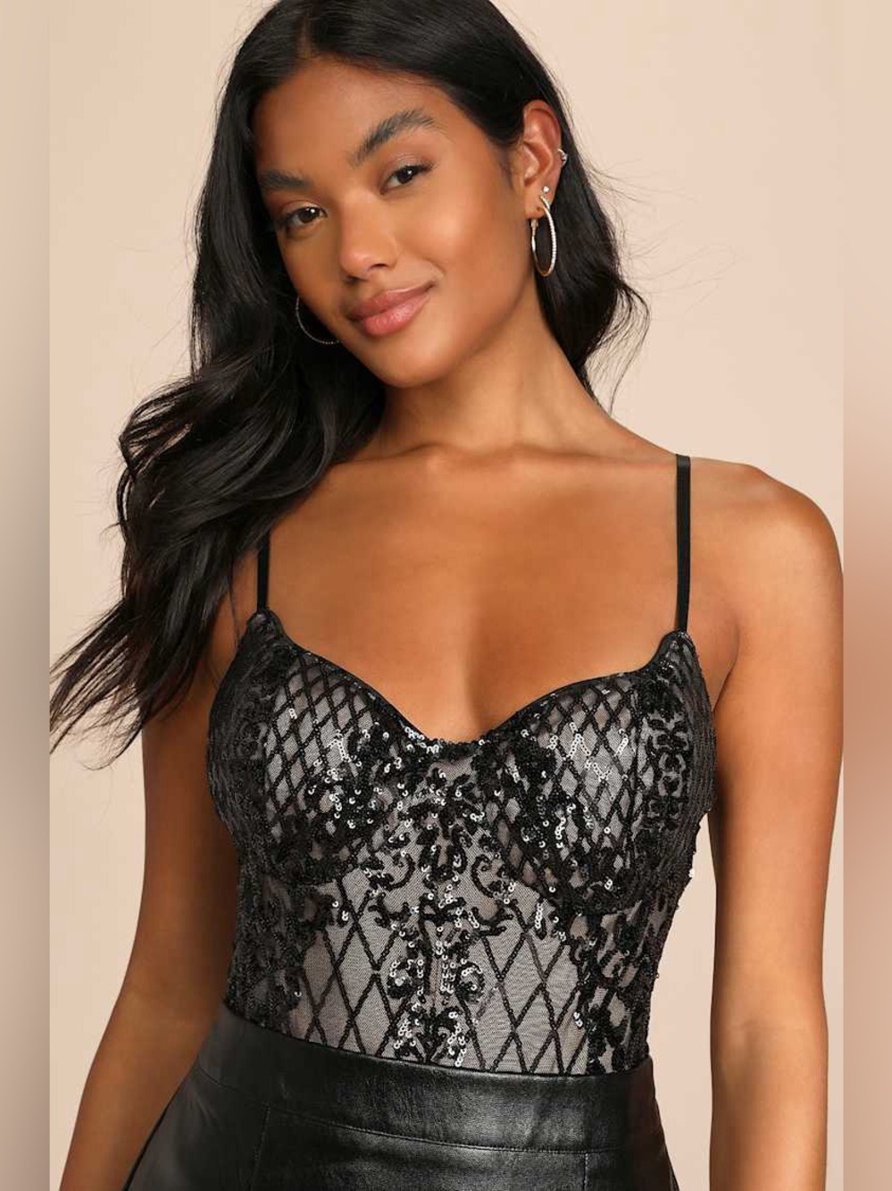 Lulus Purely Passionate Beige and Black Sequin Bustier Bodysuit